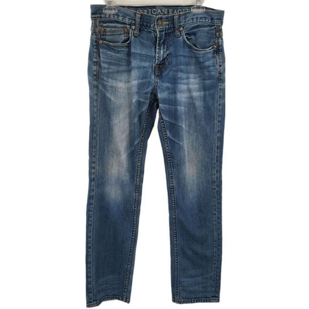 American Eagle Skinny Denim Jean Medium‎ Wash Mens Size 30x30 Distressed